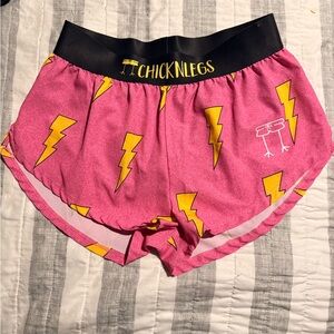 ChicknLegs Pink Athletic Shorts with Yellow Lightning Bolts